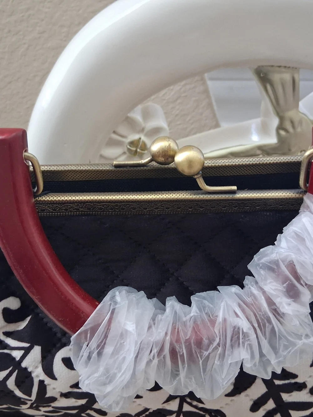 Black & White Quilted Floral Frame Clutch with Gold Rose Accent